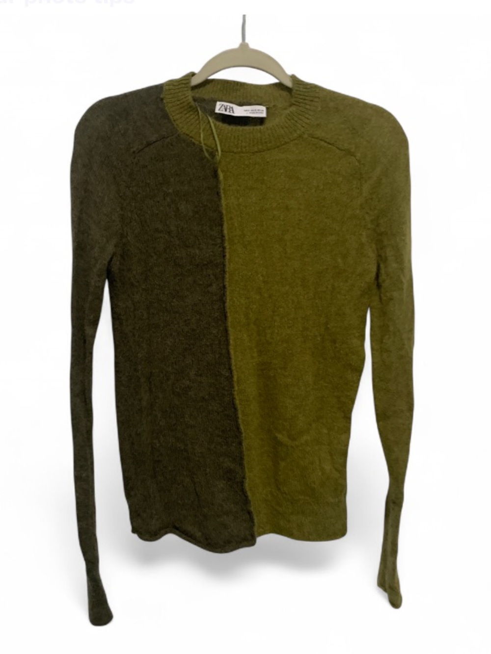 Zara Two-Tone Green Wool Blend Crewneck Sweater
